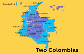 Map of Colombia showing 2026 presidential election first round results by department — blue for Abelardo, vivid azure for Cepeda